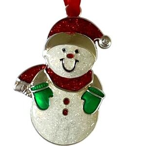 Harvey Lewis Snowman Ornament Festive Holiday Collectible Silvcr Tone Red Green